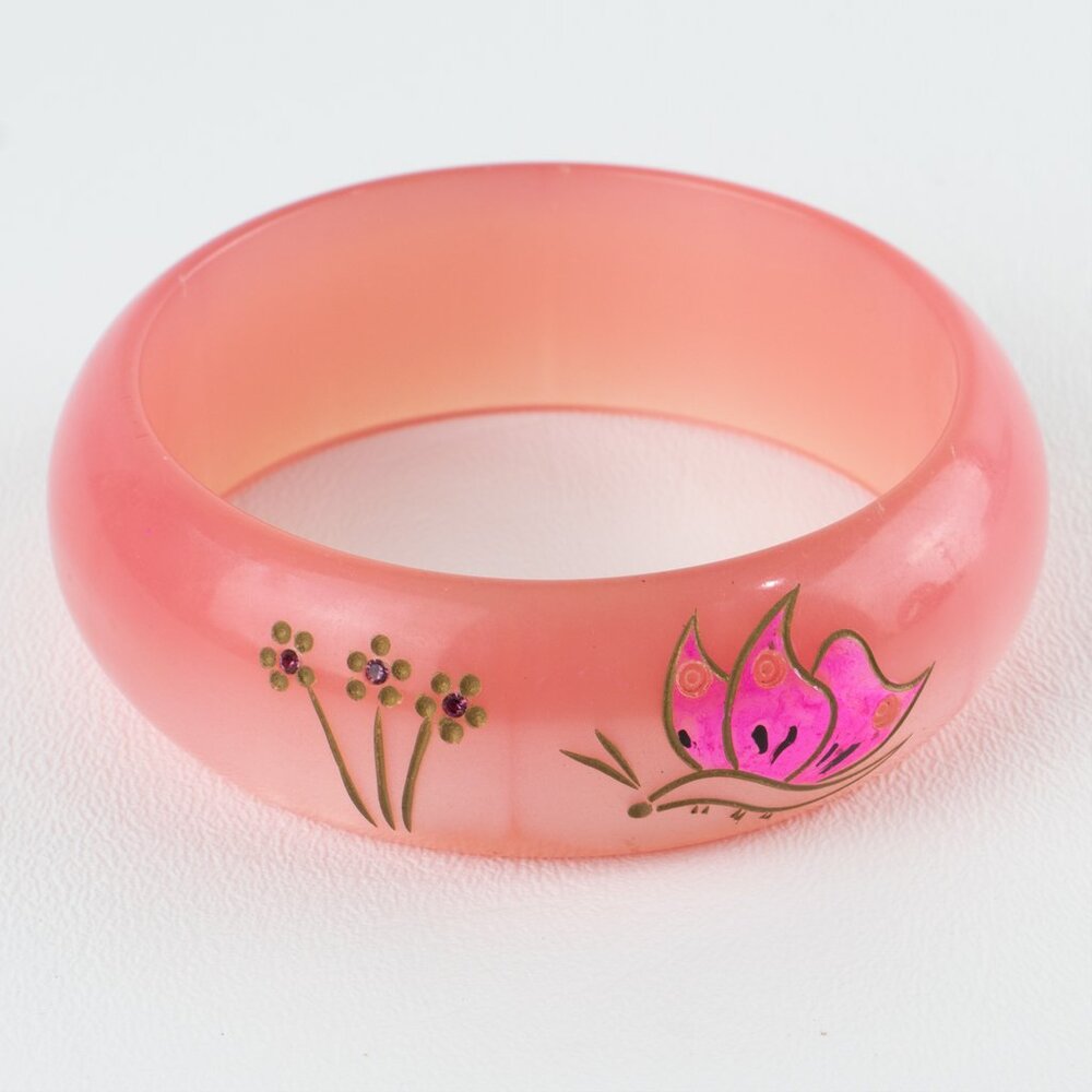 Vintage Lucite Bracelet Bangle Pink with carved Butterfly design and rhinestone